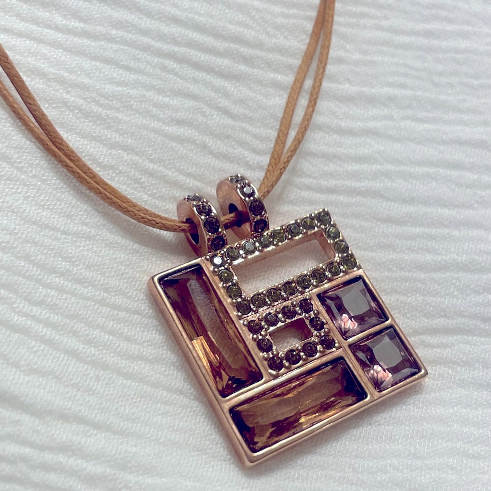 Authentic Swarovski Signed Swan Square Amber Crystals Rose Gold Tone Necklace